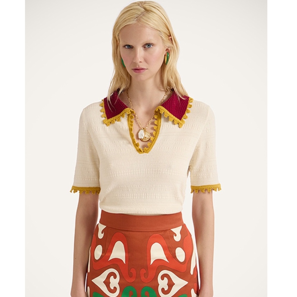 La DoubleJ Scallop Trim Picket Polo Sweater Size L